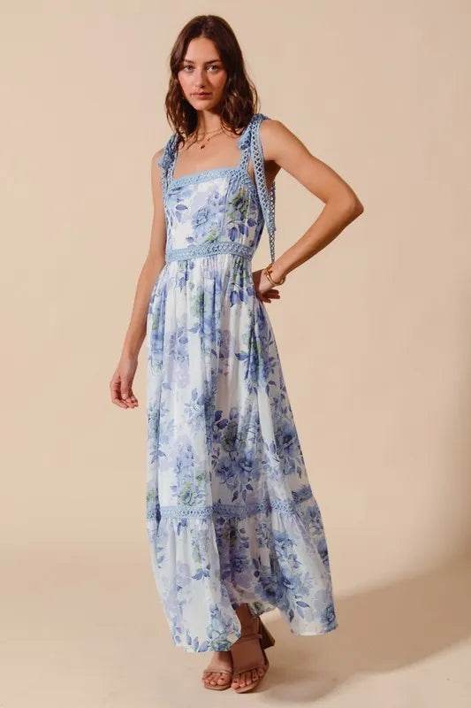 SO ME Floral Print Flowy Maxi Dress with Lace Ribbon Tie - Veloro
