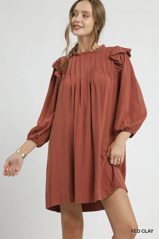 Umgee Linen Ruffle Shoulder Pleated Babydoll Dress - Veloro