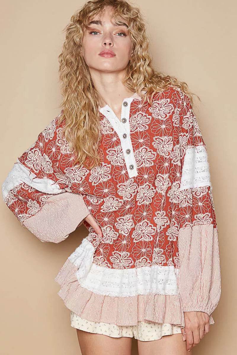 POL Ruffled Hem Floral Pattern Balloon Sleeve Hoodie - Veloro