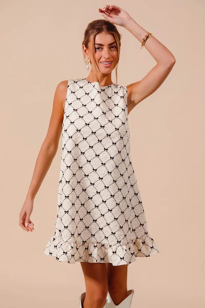SO ME Texture Bow Printed Mini Ruffle Dress - Veloro