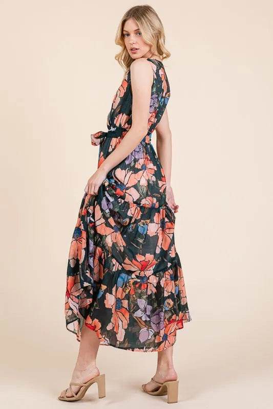 Lime 'N' Chili Floral Print Sleeveless Tie Waist Maxi Dress - Veloro