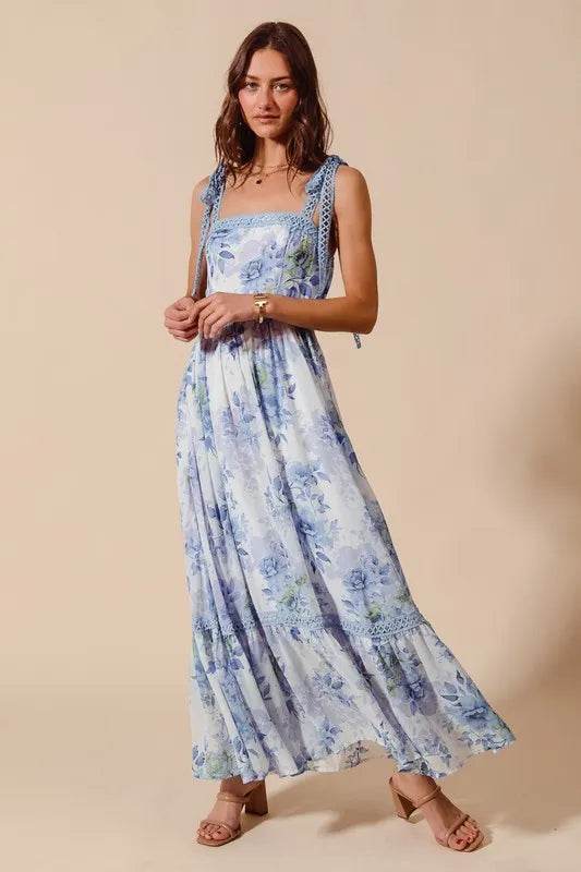 SO ME Floral Print Flowy Maxi Dress with Lace Ribbon Tie - Veloro