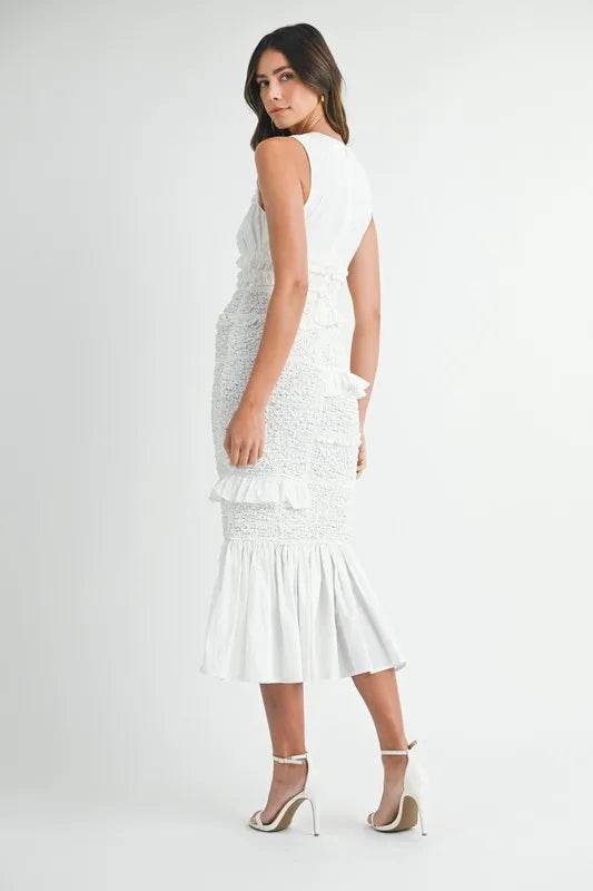 MABLE Ruffled Popcorn Smocked Mermaid Midi Dress - Veloro