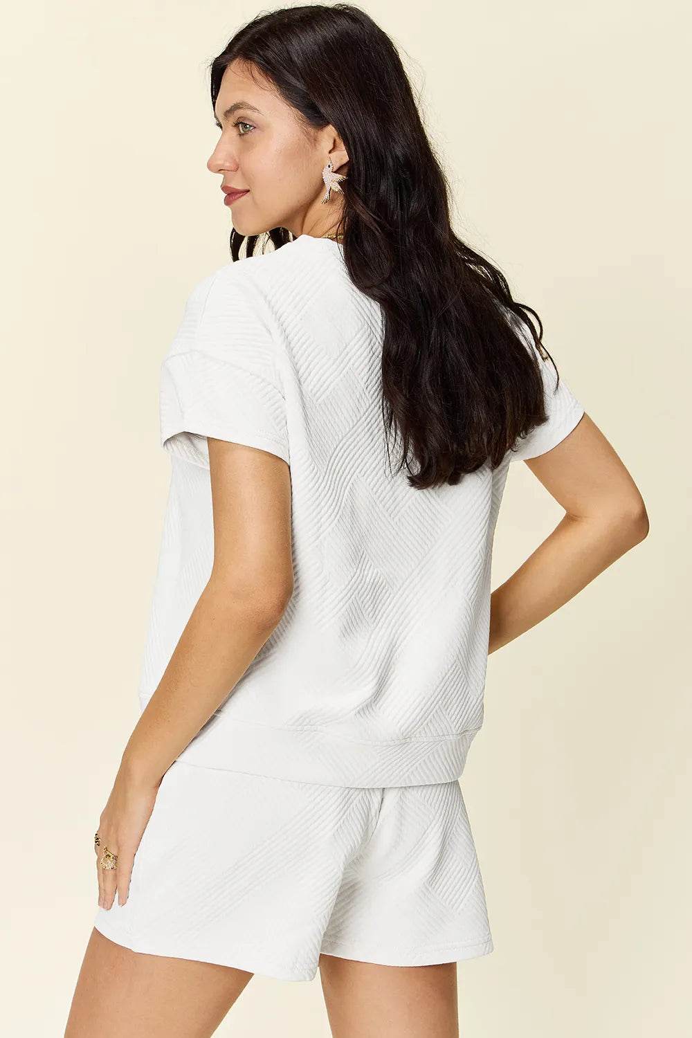 Double Take Full Size Texture Short Sleeve T-Shirt and Drawstring Shorts Set - Veloro