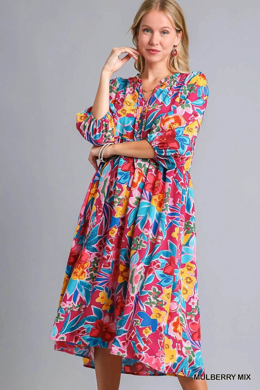 Umgee Full Size Floral Print Tie Neck Midi Dress with Pockets Plus Size - Veloro