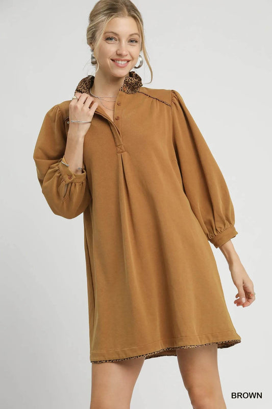Umgee French Terry Balloon Sleeve Shift Dress with Leopard Print Detail - Veloro