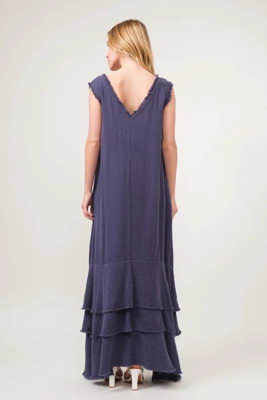 And The Why Washed Cotton Gauze Fringe Detail Tiered Dress - Veloro