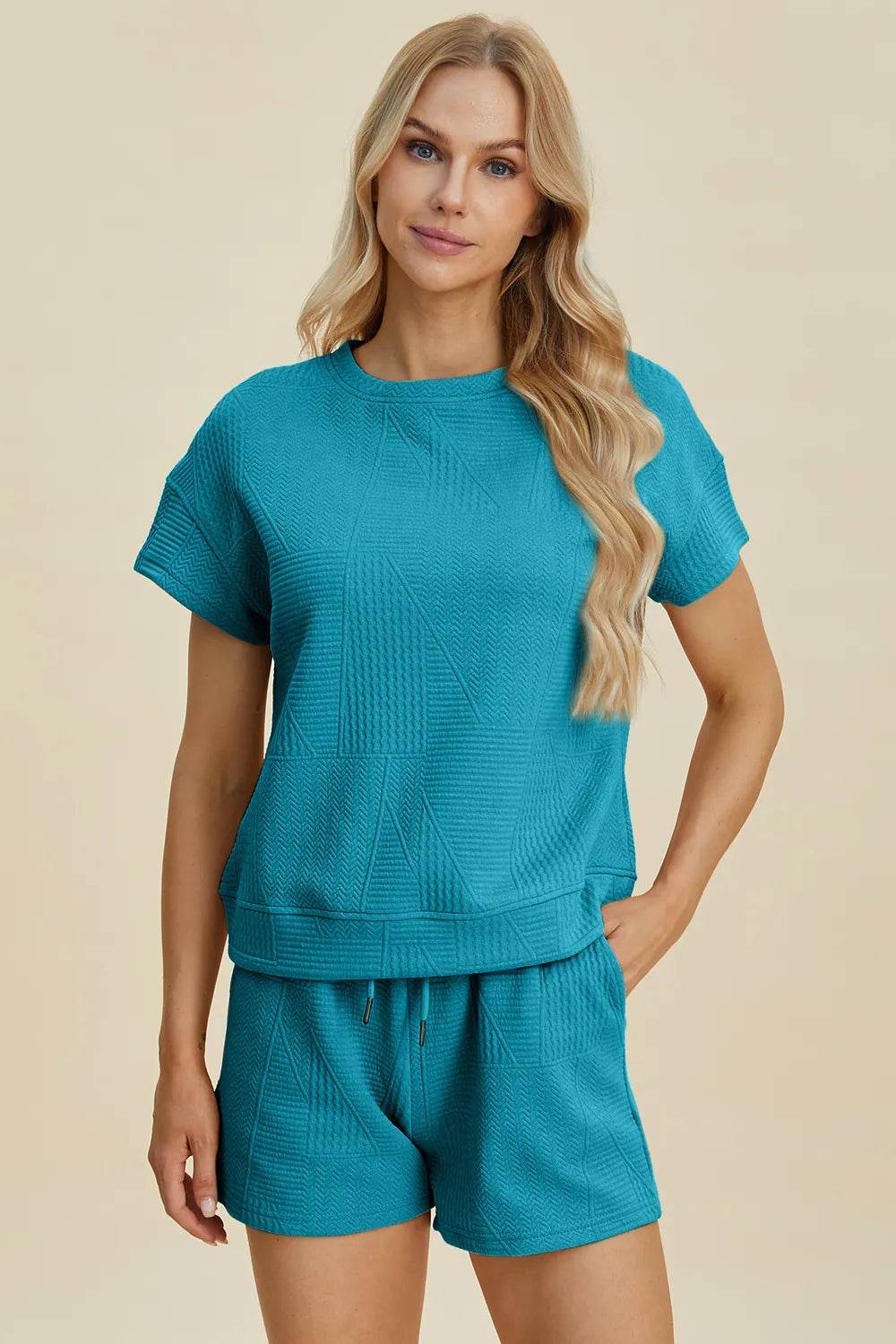 Double Take Full Size Texture Short Sleeve Top and Shorts Set - Veloro