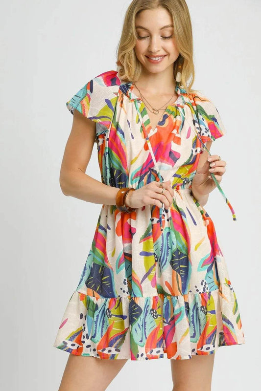 Umgee Printed Tie Neck Ruffled Hem Dress - Veloro