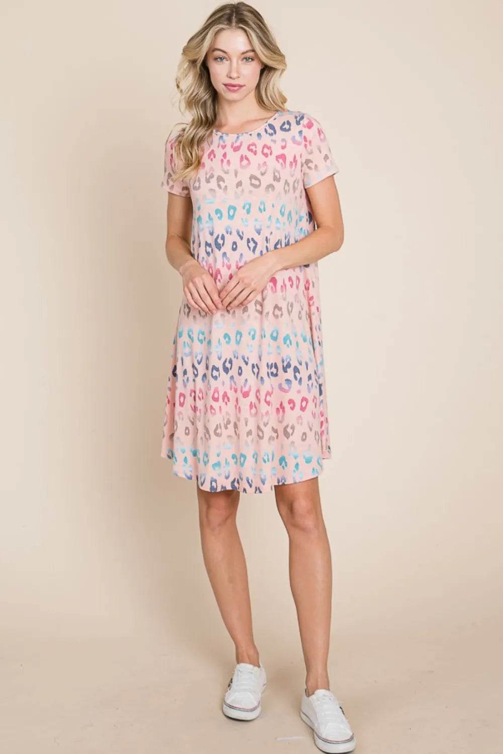 BOMBOM Leopard Round Neck Short Sleeve Dress - Veloro