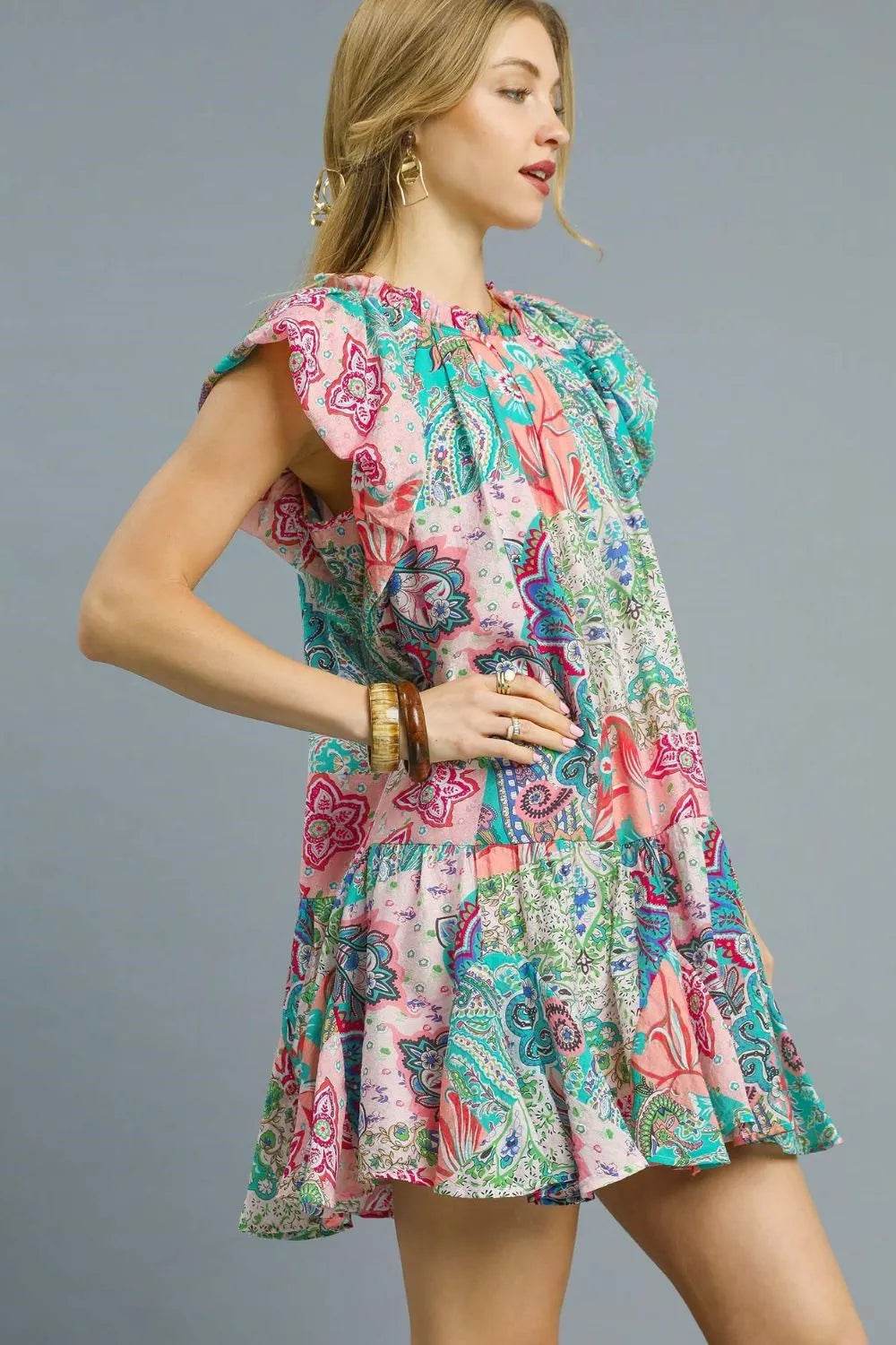 Umgee Printed Ruffle Cap Sleeve Mini Dress - Veloro