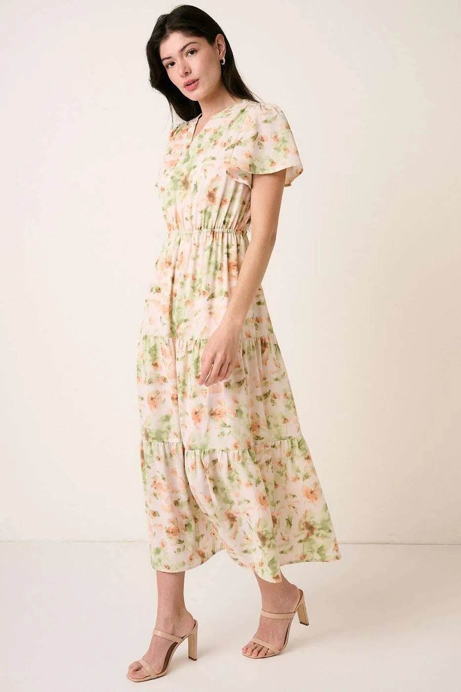 Mittoshop Flower Print Flutter Sleeve V Slit Maxi Dress - Veloro