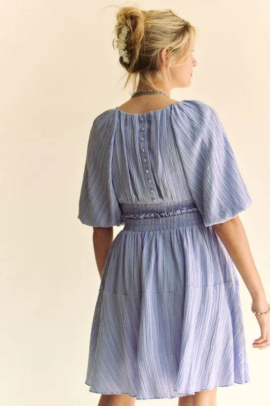 Davi & Dani Back Button Puff Sleeve Mini Dress - Veloro
