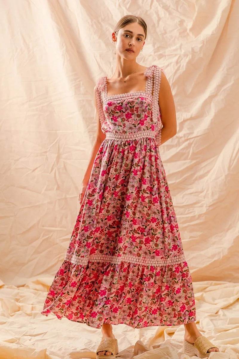 SO ME Floral Maxi Dress With Ribbon Tie Lace Strap - Veloro