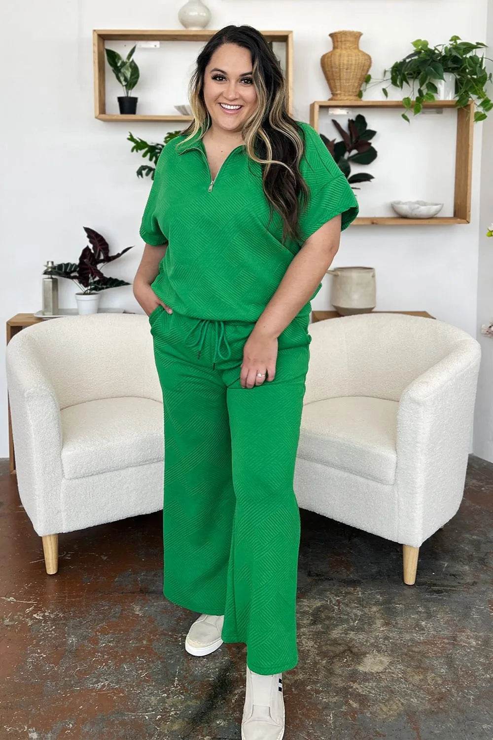 Double Take Full Size Texture Half Zip Short Sleeve Top and Pants Set - Veloro