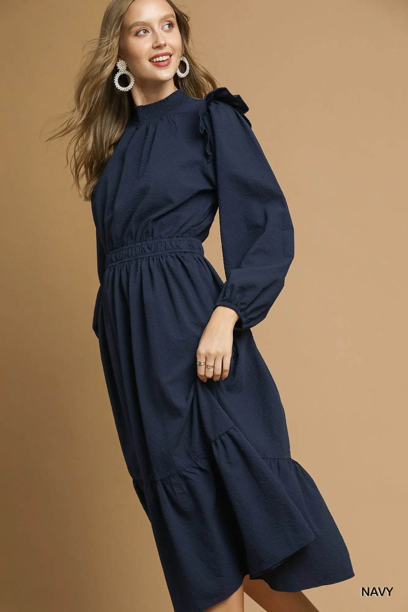 Umgee Textured Midi Dress with Ruffle Shoulder Detail - Veloro