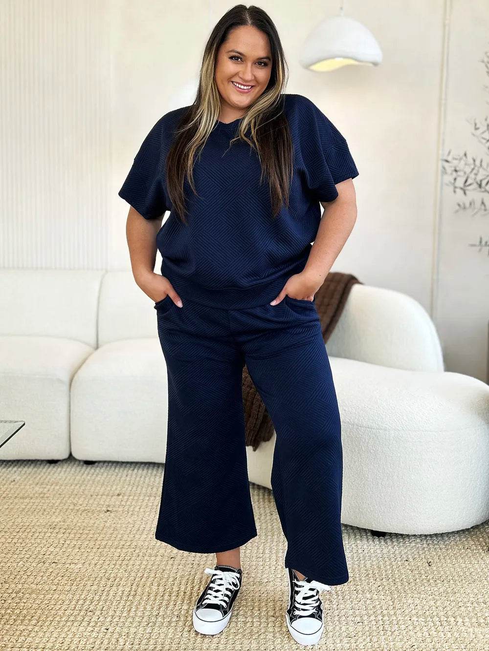 Double Take Full Size Texture Short Sleeve Top and Pants Set - Veloro