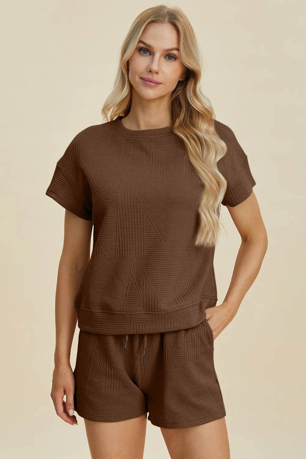 Double Take Full Size Texture Short Sleeve Top and Shorts Set - Veloro