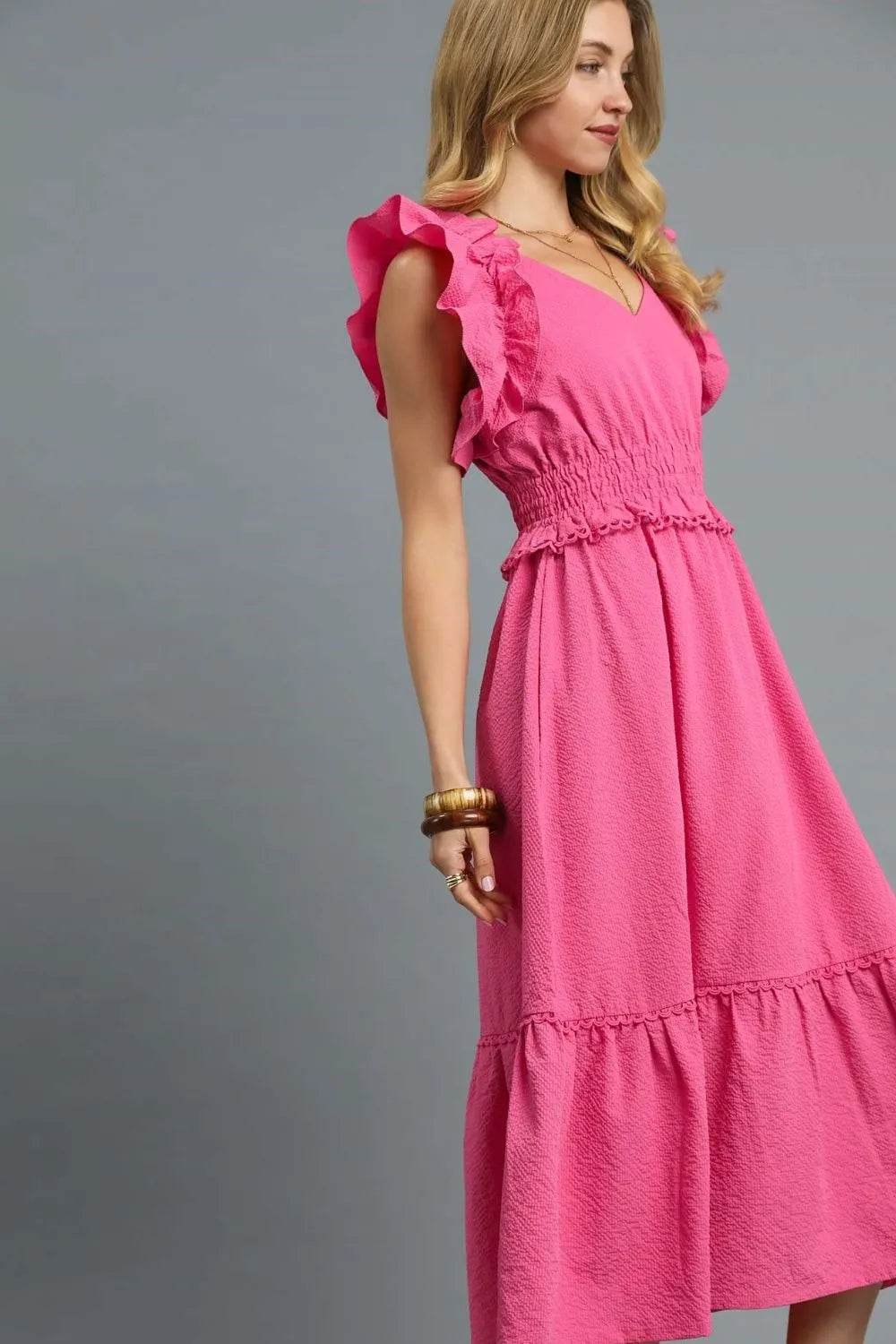 Umgee V-Neck Ruffled Cap Sleeve Midi Dress - Veloro