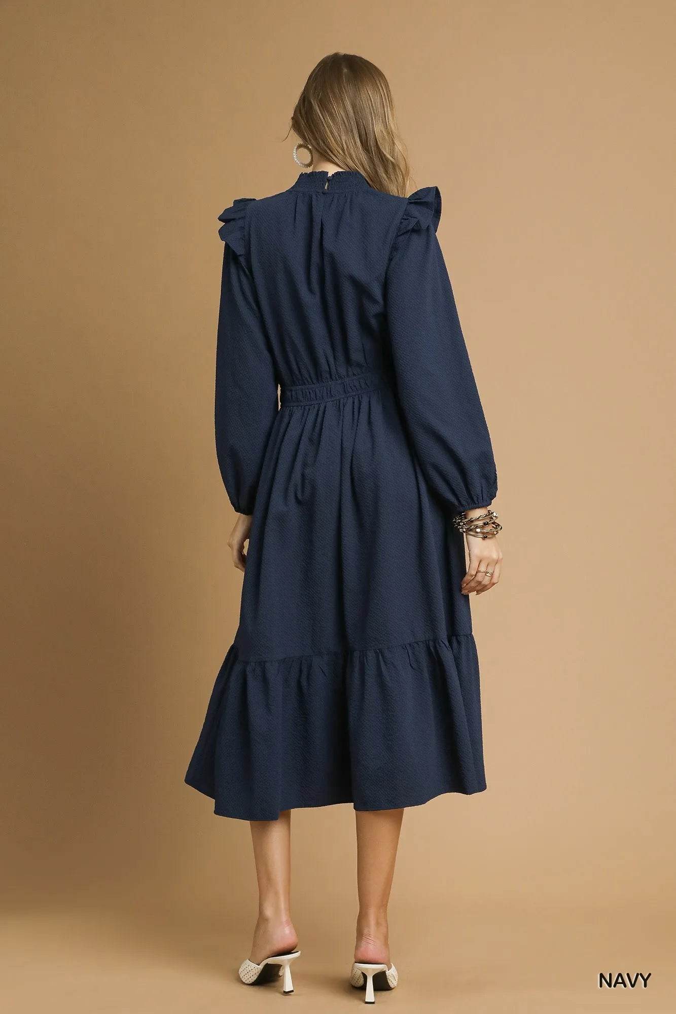 Umgee Textured Midi Dress with Ruffle Shoulder Detail - Veloro