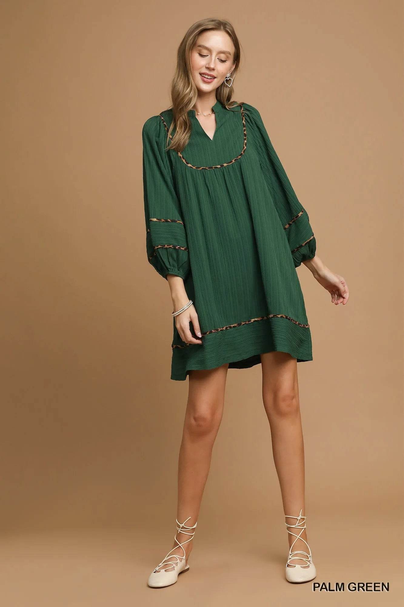 Umgee Textured Babydoll Dress with Leopard Trim - Veloro