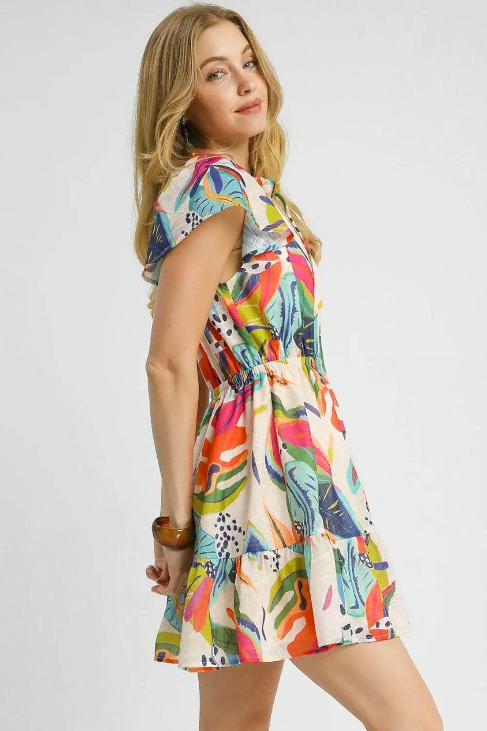 Umgee Printed Tie Neck Ruffled Hem Dress - Veloro