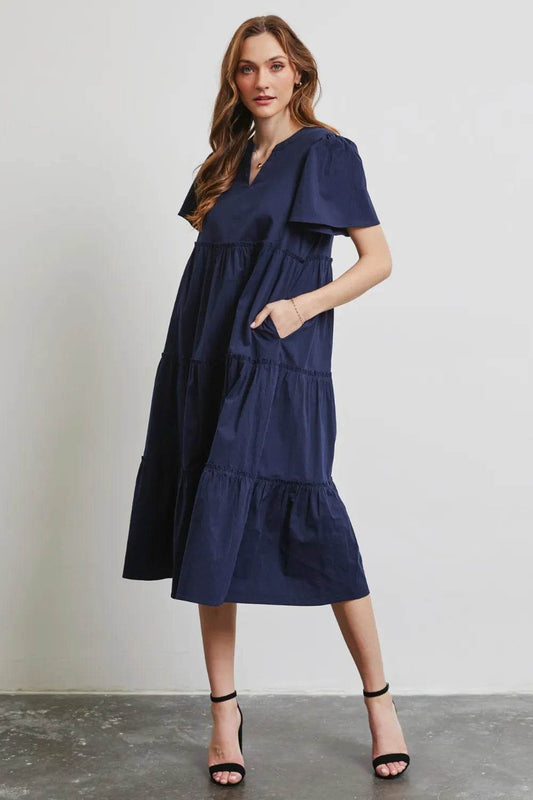 HEYSON Full Size Cotton Poplin Ruffled Tiered Midi Dress - Veloro