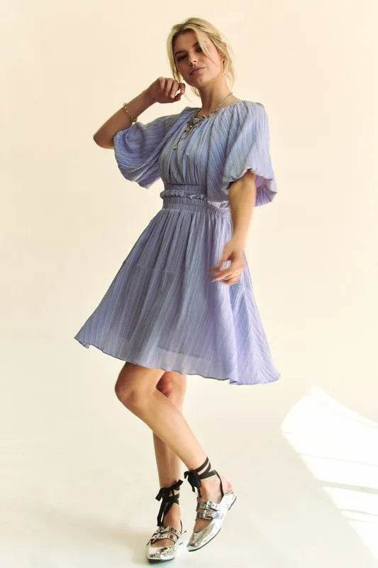 Davi & Dani Back Button Puff Sleeve Mini Dress - Veloro