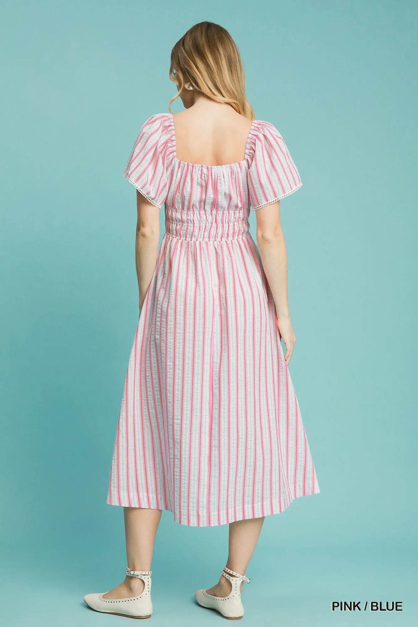 Umgee Smocked Striped Short Sleeve Midi Dress - Veloro