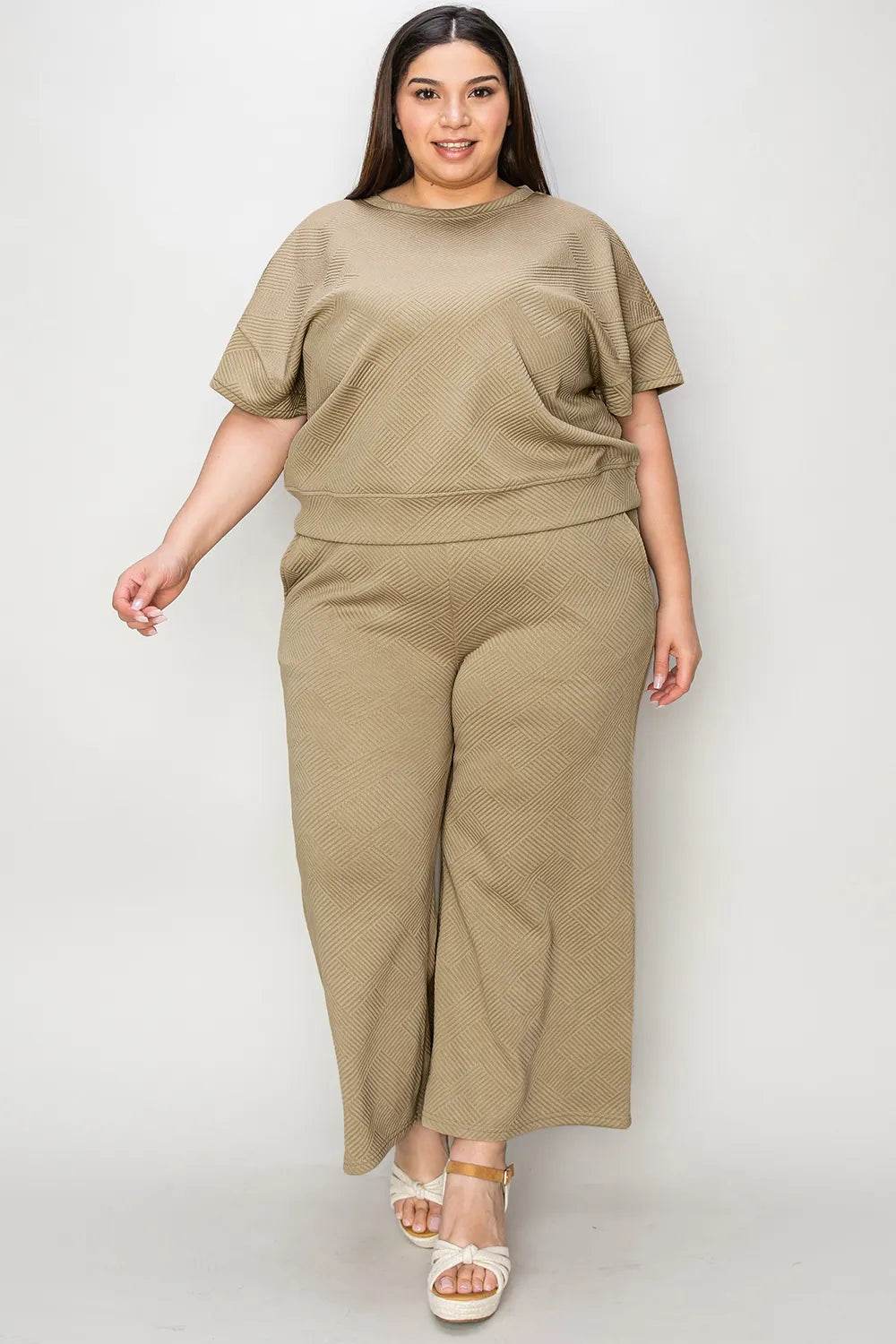 Double Take Full Size Texture Short Sleeve Top and Pants Set - Veloro