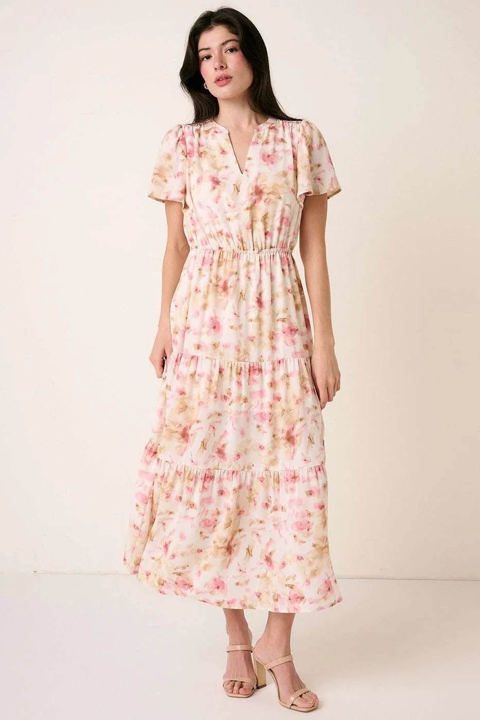 Mittoshop Flower Print Flutter Sleeve V Slit Maxi Dress - Veloro