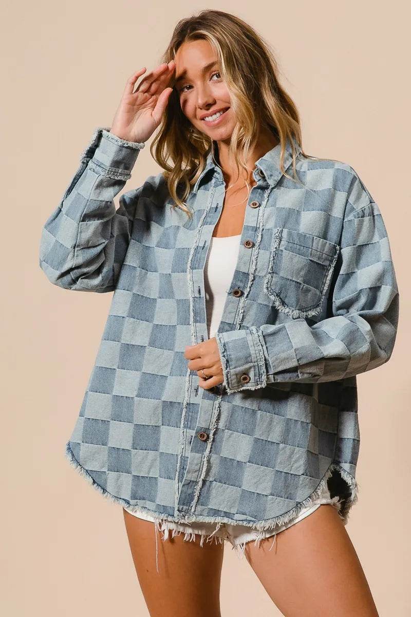 BiBi Frayed Edged Detail Washed Checker Denim Shirt - Veloro