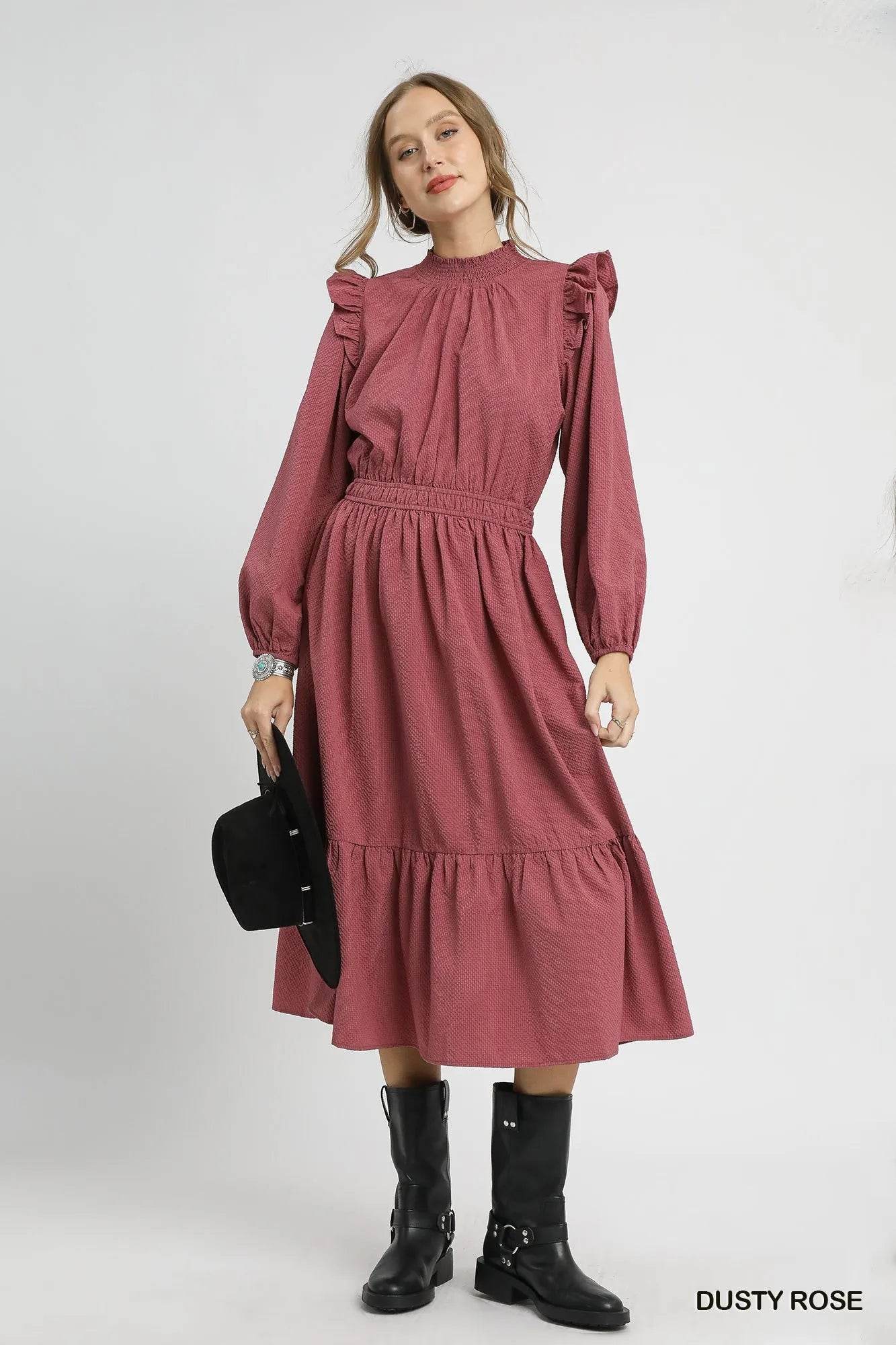 Umgee Textured Midi Dress with Ruffle Shoulder Detail - Veloro