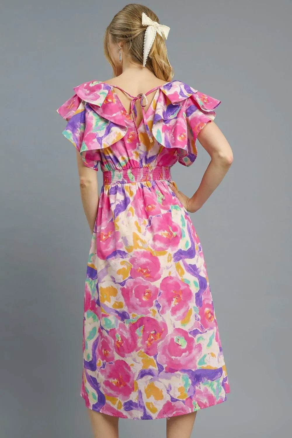 Umgee Floral Ruffled Cap Sleeve Midi Dress - Veloro