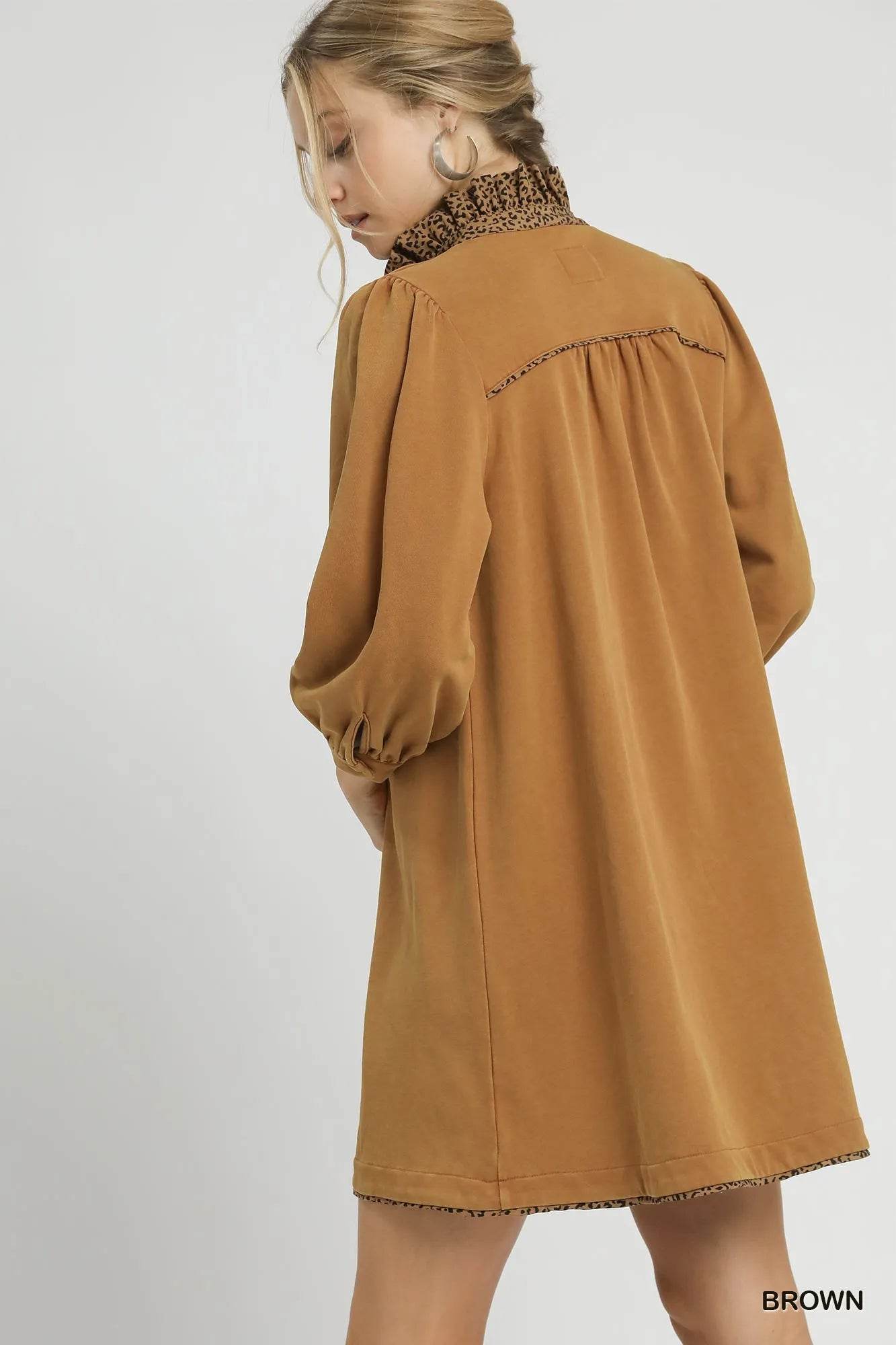 Umgee French Terry Balloon Sleeve Shift Dress with Leopard Print Detail - Veloro