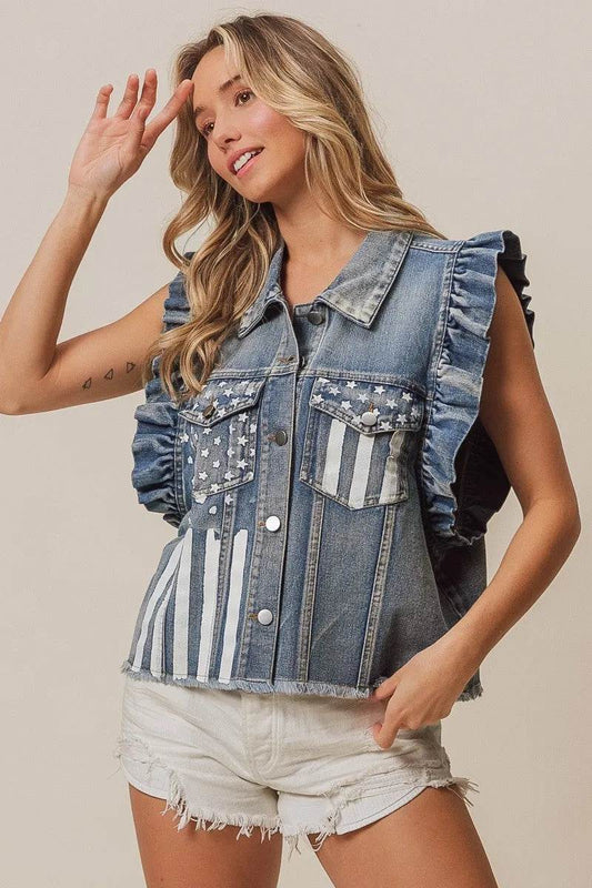 BiBi American Flag Washed Denim Jacket - Veloro