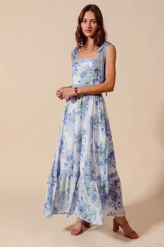 SO ME Floral Print Flowy Maxi Dress with Lace Ribbon Tie - Veloro