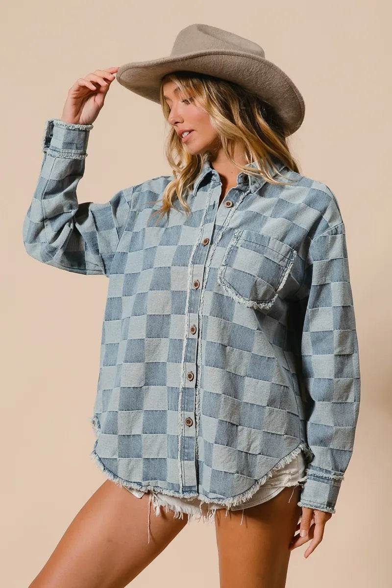 BiBi Frayed Edged Detail Washed Checker Denim Shirt - Veloro