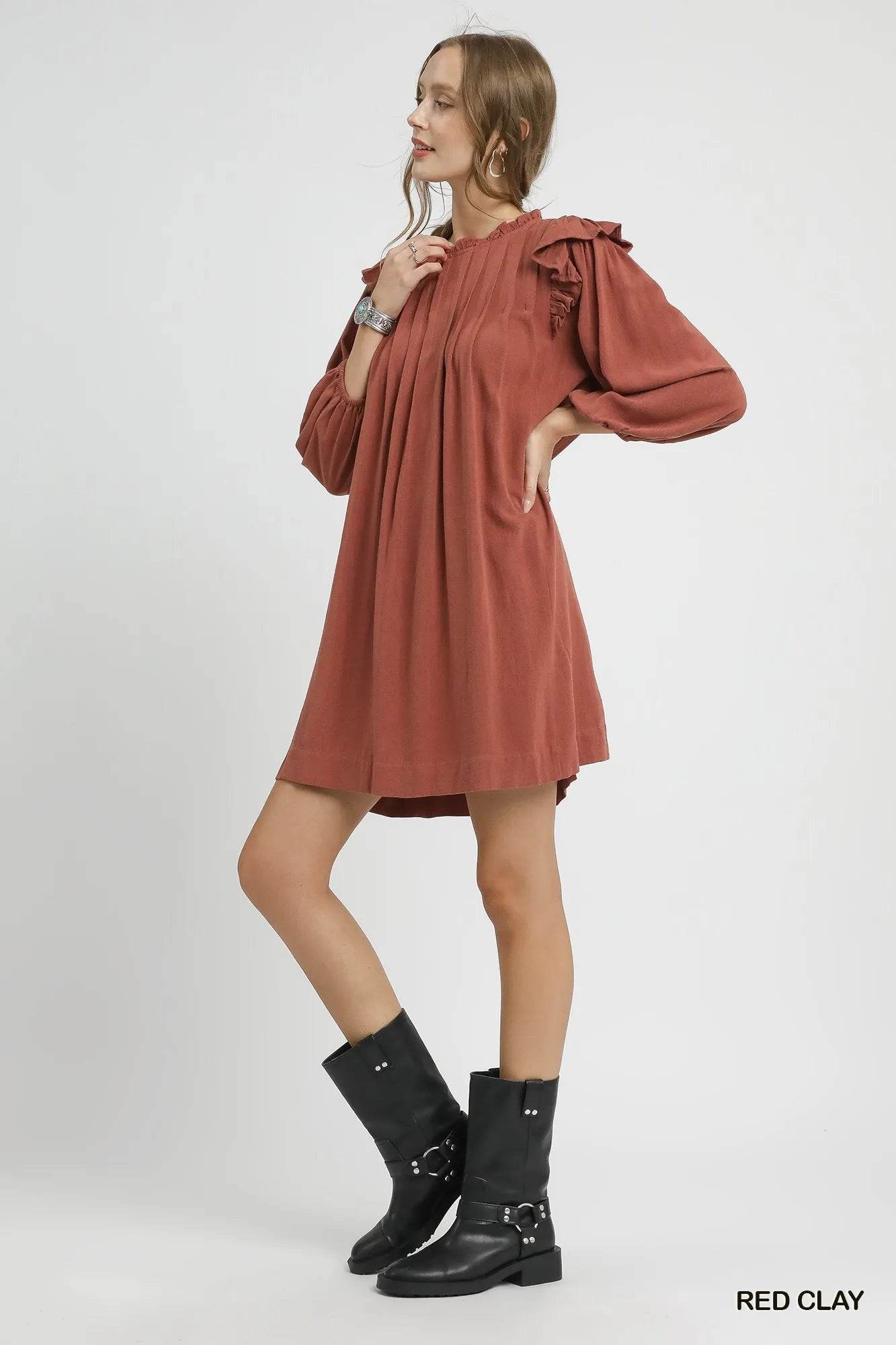 Umgee Linen Ruffle Shoulder Pleated Babydoll Dress - Veloro
