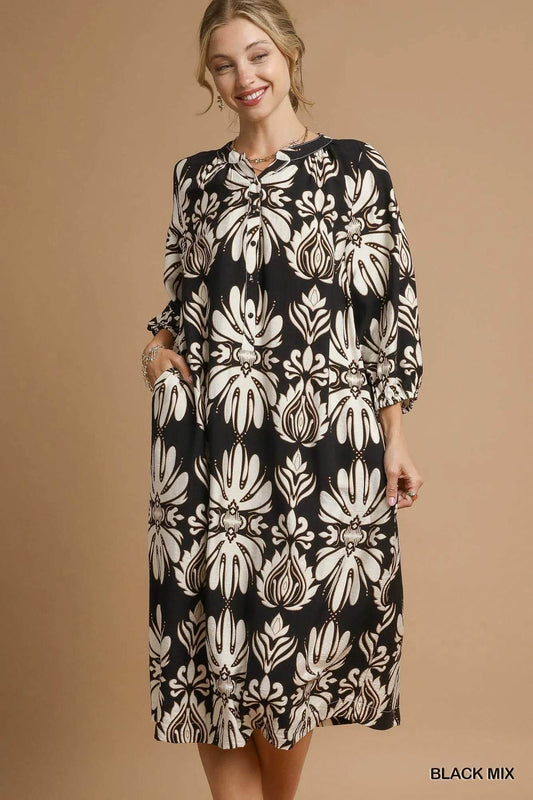 Umgee Mix Abstract Floral Print Midi Dress - Veloro