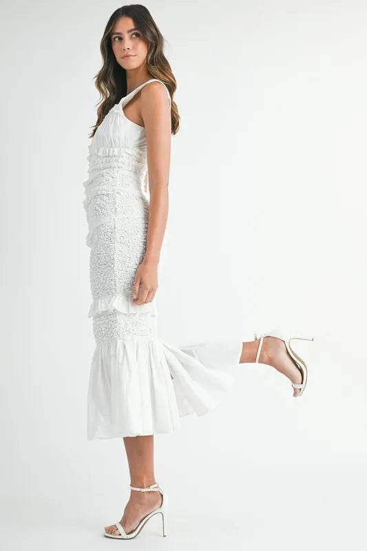 MABLE Ruffled Popcorn Smocked Mermaid Midi Dress - Veloro