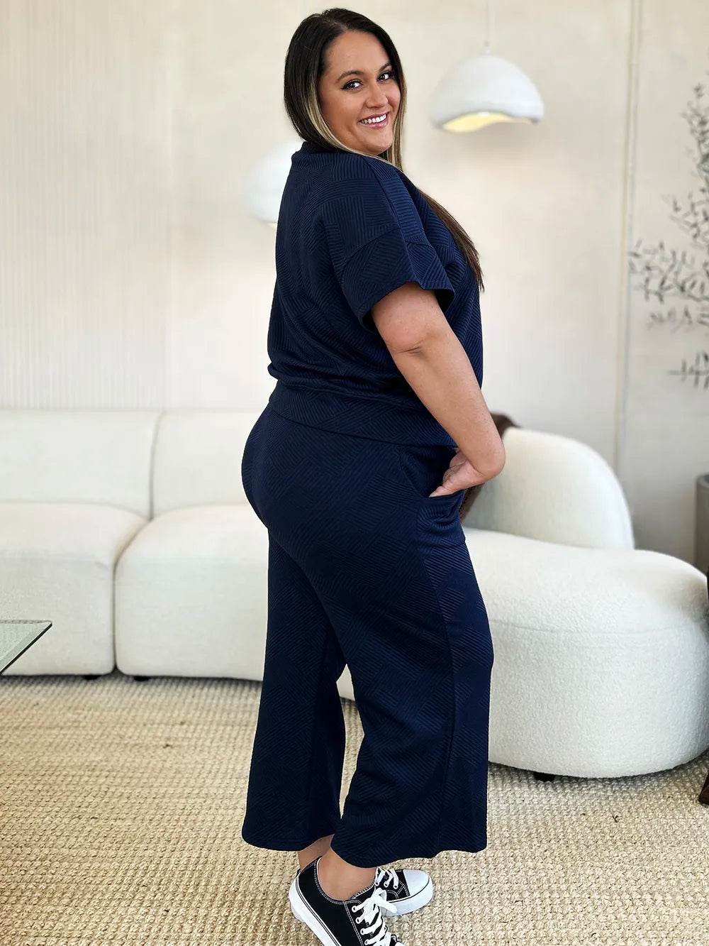 Double Take Full Size Texture Short Sleeve Top and Pants Set - Veloro