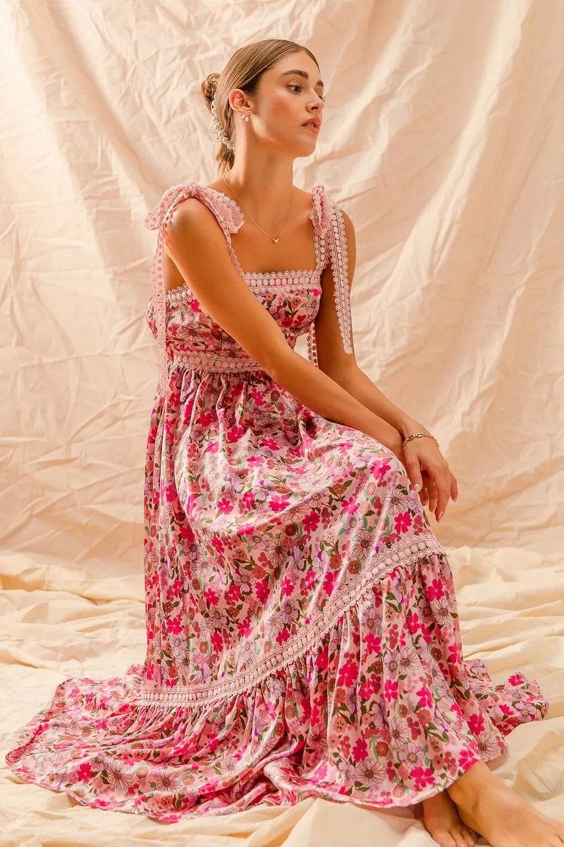 SO ME Floral Maxi Dress With Ribbon Tie Lace Strap - Veloro