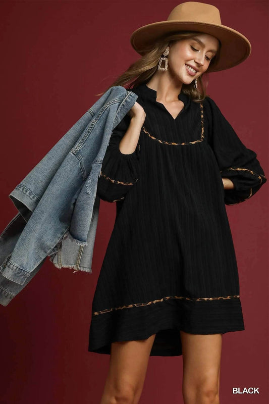 Umgee Full Size Textured Babydoll Dress with Leopard Trim Plus Size - Veloro