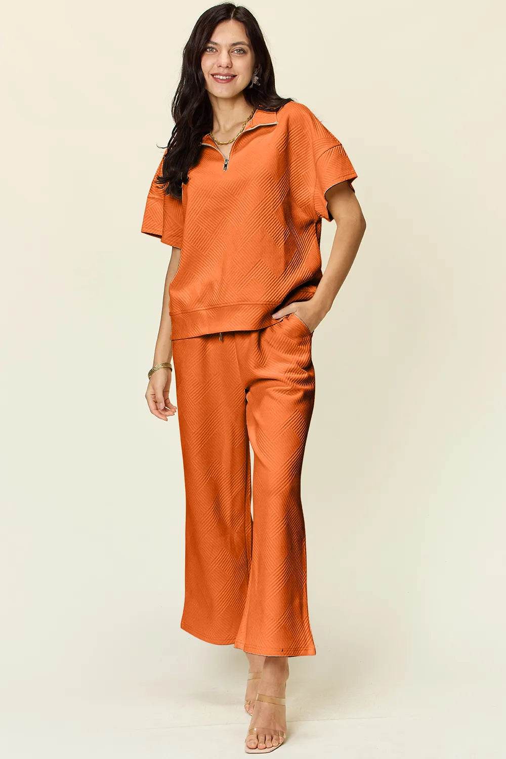 Double Take Full Size Texture Half Zip Short Sleeve Top and Pants Set - Veloro