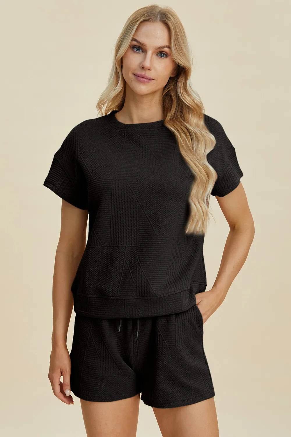 Double Take Full Size Texture Short Sleeve Top and Shorts Set - Veloro