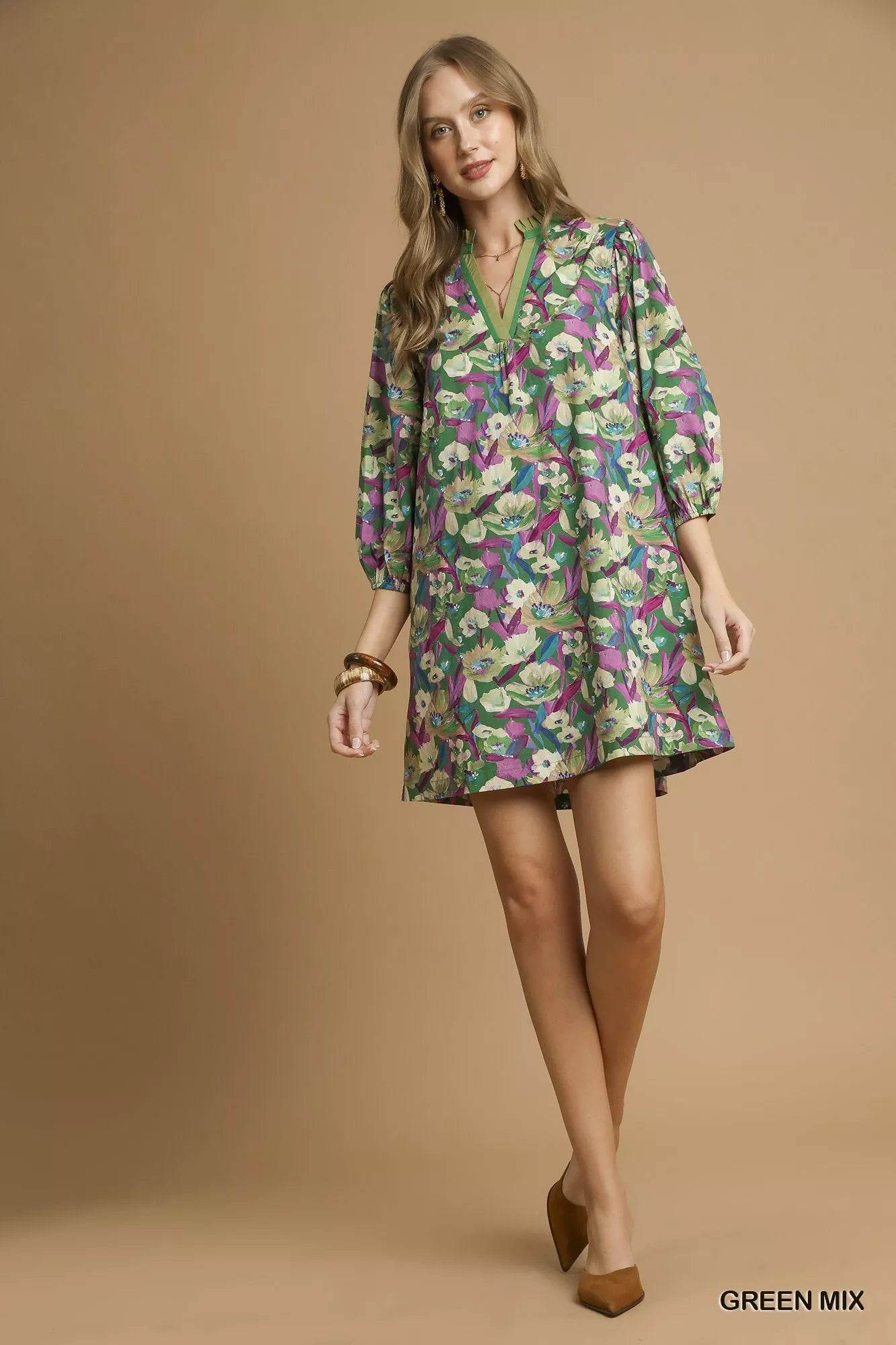 Umgee Boho Floral Balloon Sleeve Mini Dress - Veloro