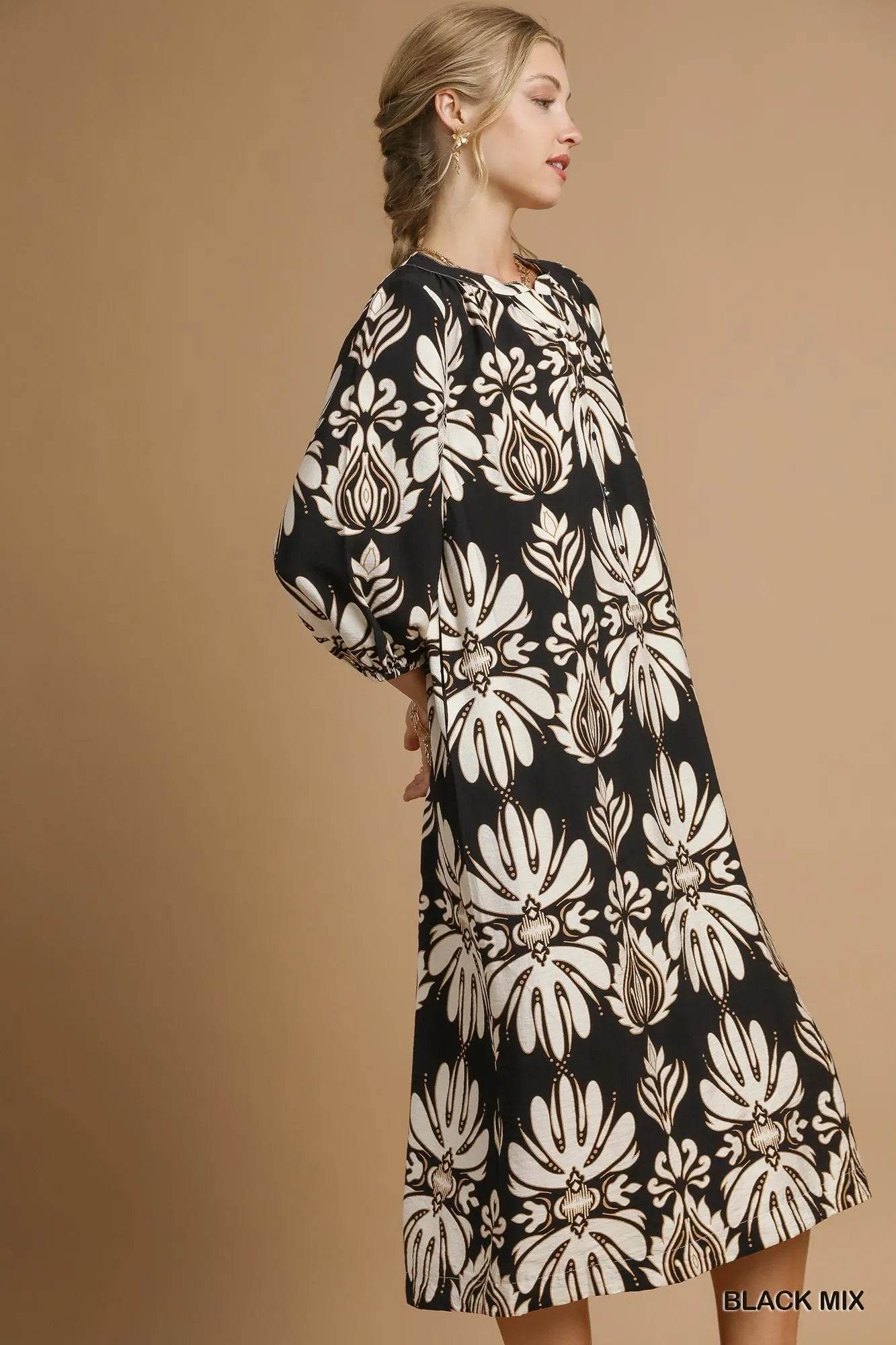 Umgee Mix Abstract Floral Print Midi Dress - Veloro