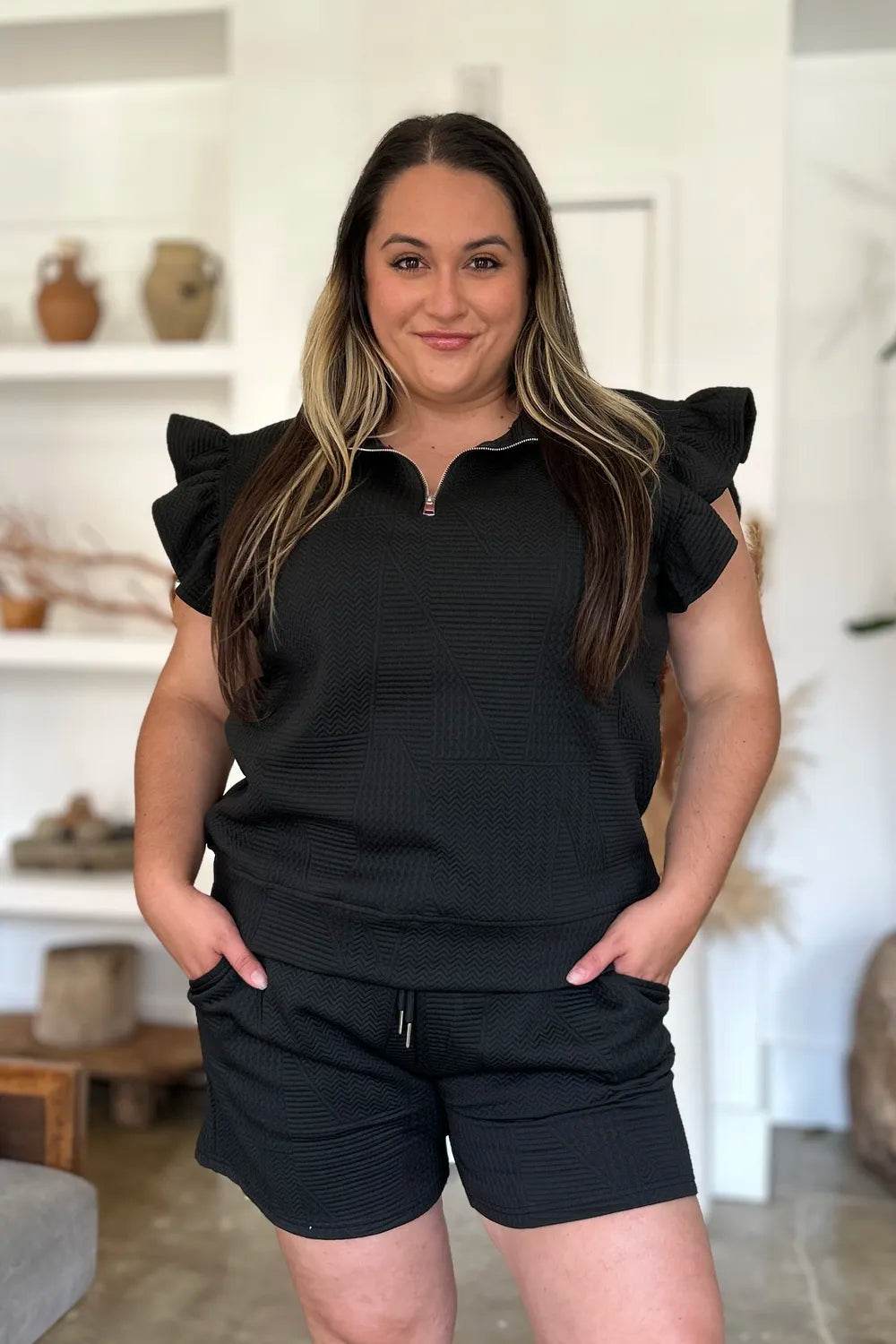 Double Take Full Size Texture Flounce Sleeve Top and Shorts Set - Veloro