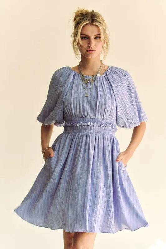 Davi & Dani Back Button Puff Sleeve Mini Dress - Veloro